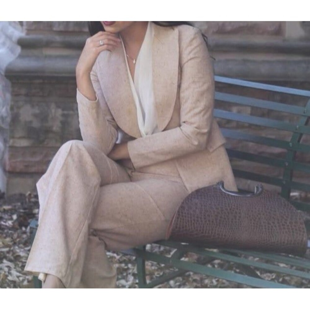 Women’s VTG 70s Handmade Piece Suit Blazer Wide Leg Pants Pencil Skirt Beige